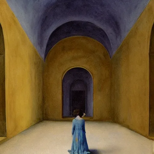 Image similar to procession of women in a blue and gold haunted liminal abandoned temple, watercolor by gottfried helnwein, by hammershøi, art noveau, highly detailed, lights by edward hopper, liminal, eerie, bright pastel colors