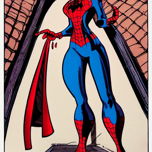 Prompt: female spiderman, mask covering mouth, eyes visible, medium shot, bruce timm, j. scott campbell, andy hartnell, inked, tight fit, curvaceous, slim, stuck against a wall