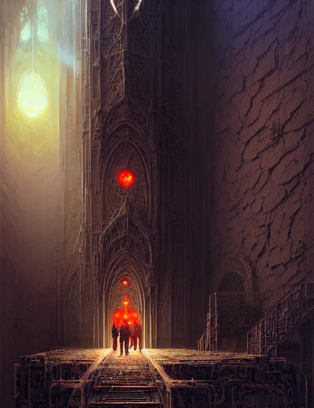 Image similar to detailed portrait, intricate complexity, by greg rutkowski, ross tran, conrad roset, takato yomamoto, ilya kuvshinov huge gothic crematorium on desert planet, elevator, side ramp entrance ambulance dead bodies, guards intricate, painting by lucian freud and mark brooks, bruce pennington, dark colors, neon, death, guards, nice style smoke