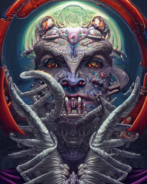 Image similar to a stunning portrait of the demonic cyborg deity, digital art by Dan Mumford and Peter Mohrbacher, highly detailed, trending on artstationhq