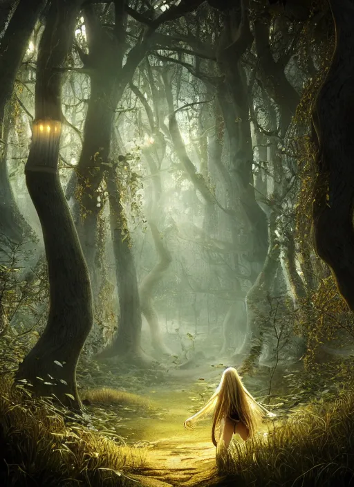 Image similar to magical forest with gold and silver leafs, music, girl with blond long hair back view, elves, lord of the rings style, ultra detailed, trending on artstation, concept art, octane render, unreal engine,