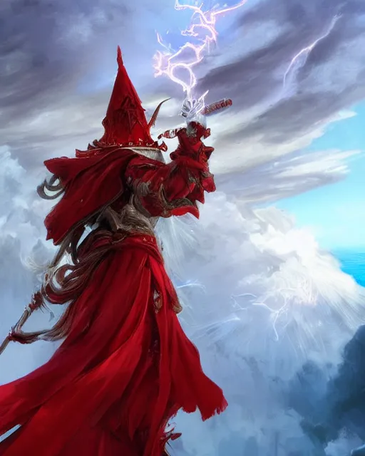 Image similar to A Full View of a Red Mage wearing magical shining armor and a feathered hat surrounded by an epic cloudscape. Magus. Red Wizard. Magimaster. Conquistador armor. Red and white stripes. Fantasy Illustration. masterpiece. 4k digital illustration. by Ruan Jia and Mandy Jurgens and Artgerm and greg rutkowski and Alexander Tsaruk and WLOP and Range Murata, award winning, Artstation, art nouveau aesthetic, Alphonse Mucha background, intricate details, realistic, panoramic view, Hyperdetailed, 8k resolution, intricate art nouveau