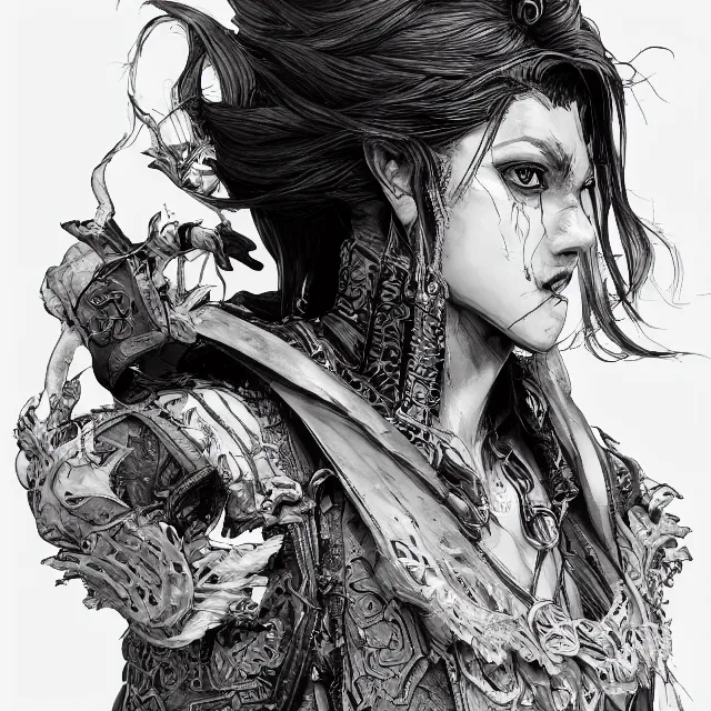 Image similar to the portrait of neutral evil fallen knight vagabond as absurdly beautiful, conniving, elegant, jaded, young woman, an ultrafine hyperdetailed illustration by kim jung gi, irakli nadar, intricate linework, bright colors, octopath traveler, final fantasy, unreal engine 5 highly rendered, global illumination, radiant light, detailed and intricate environment