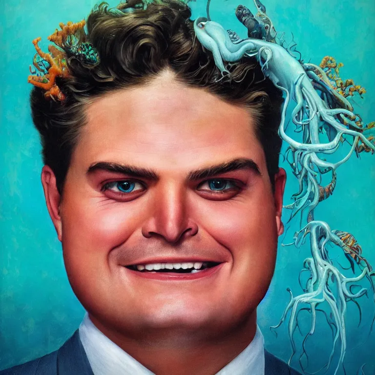 Prompt: Hyperrealistic intensely colored close up studio Photograph portrait of deep sea bioluminescent Congressman Matt Gaetz, symmetrical face realistic proportions eye contact, Grinning in a coral reef underwater tentacles barnacles, award-winning portrait oil painting by Norman Rockwell and Zdzisław Beksiński vivid colors high contrast hyperrealism 8k