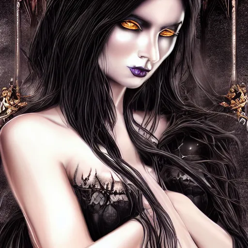 Prompt: a gothic sorceress, long black hair, golden eyes, digital art, highly detailed, high resolution, award winning