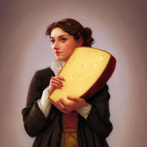 Prompt: cheese girl, oil on canvas, artstation, by J. C. Leyendecker and Edmund Blair Leighton and Charlie Bowater, octane
