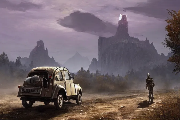 Image similar to offroad citroen 2 cv ( 1 9 6 5 ) driving across the rift, daedric longsword attached to the side, leather and cloth traveller bags on roof, riften city in the background, epic fantasy, autumn, the elder scrolls v : skyrim, dramatic lighting, establishing shot, by simon stalenhag