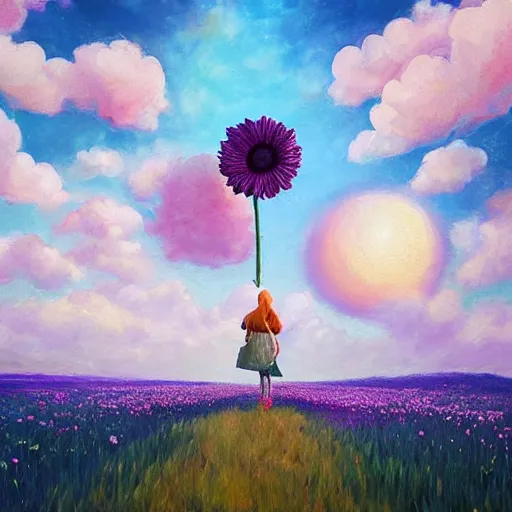 Image similar to giant daisy flower as a head, girl walking in flower field, surreal photography, moon light, dramatic, impressionist painting, colorful clouds, digital painting, artstation, simon stalenhag