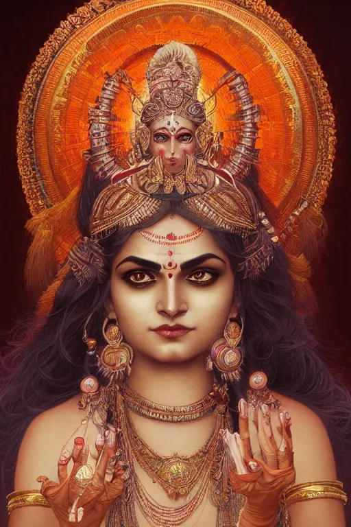 Image similar to Portrait of beautiful indian Kali goddess, cinematic lighting, intricate, elegant, highly detailed, digital painting, artstation, smooth, sharp focus, illustration, art by artgerm and greg rutkowski and zdislav beksinski and alphonse mucha and Wayne Barlowe and william-adolphe bouguereau