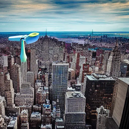 Prompt: a flying kettle, flying over new york city, high quality, highly detailed, 4k, award winning photo