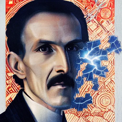 Image similar to portrait of nikola tesla holding wireless light, hanafuda oil on canvas by ivan shishkin, james jean and yoji shinkawa