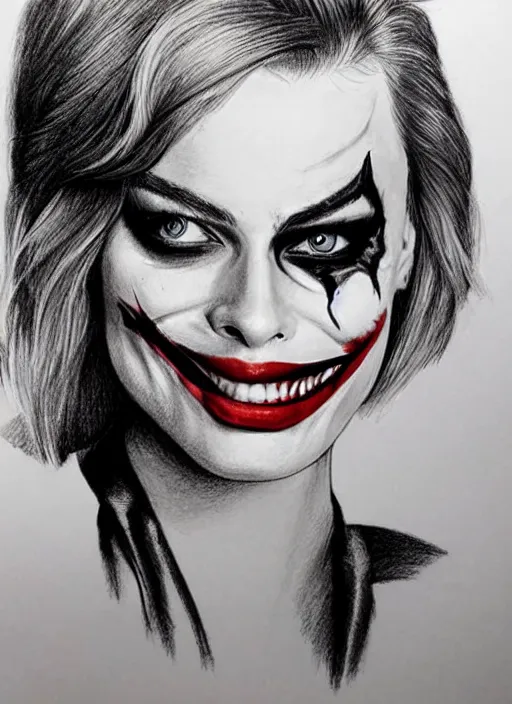 Image similar to a drawing margot robbie with joker makeup, ace card, realistic face, black and white, hyper realistic, highly detailed