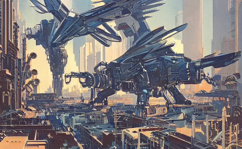 Image similar to cybernetic city overrun by gigantic robot birds, art by syd mead, extremely detailed, high quality,