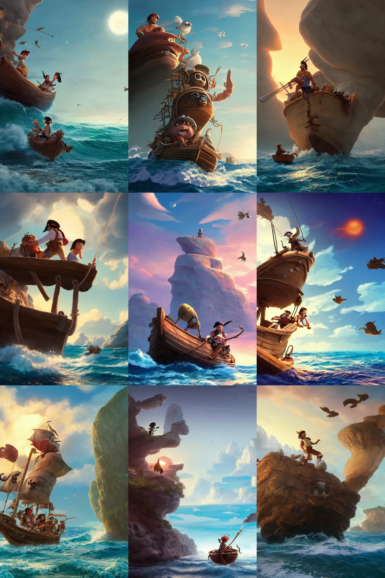 Prompt: a wholesome pirate illustration of a happy cartoon Dwayne Johnson riding his magical boat through the seas as he gazes at magestic birds soaring in the sky, studio Ghibli, Pixar and Disney animation, sharp, Rendered in Redshift and Unreal Engine 5 by Greg Rutkowski, Bloom, dramatic lighting, sunrise