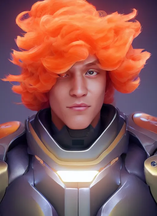 Image similar to glowwave portrait of curly orange hair man from overwatch, made of feathers mist and cloud, au naturel, hyper detailed, digital art, trending in artstation, cinematic lighting, studio quality, smooth render, unreal engine 5 rendered, octane rendered, art style by pixar dreamworks warner bros disney riot games and overwatch.