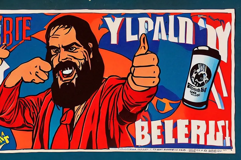 Prompt: a man holding a beer giving a thumbs up with a long beard, artwork in the style of 80's movie poster airbrushing