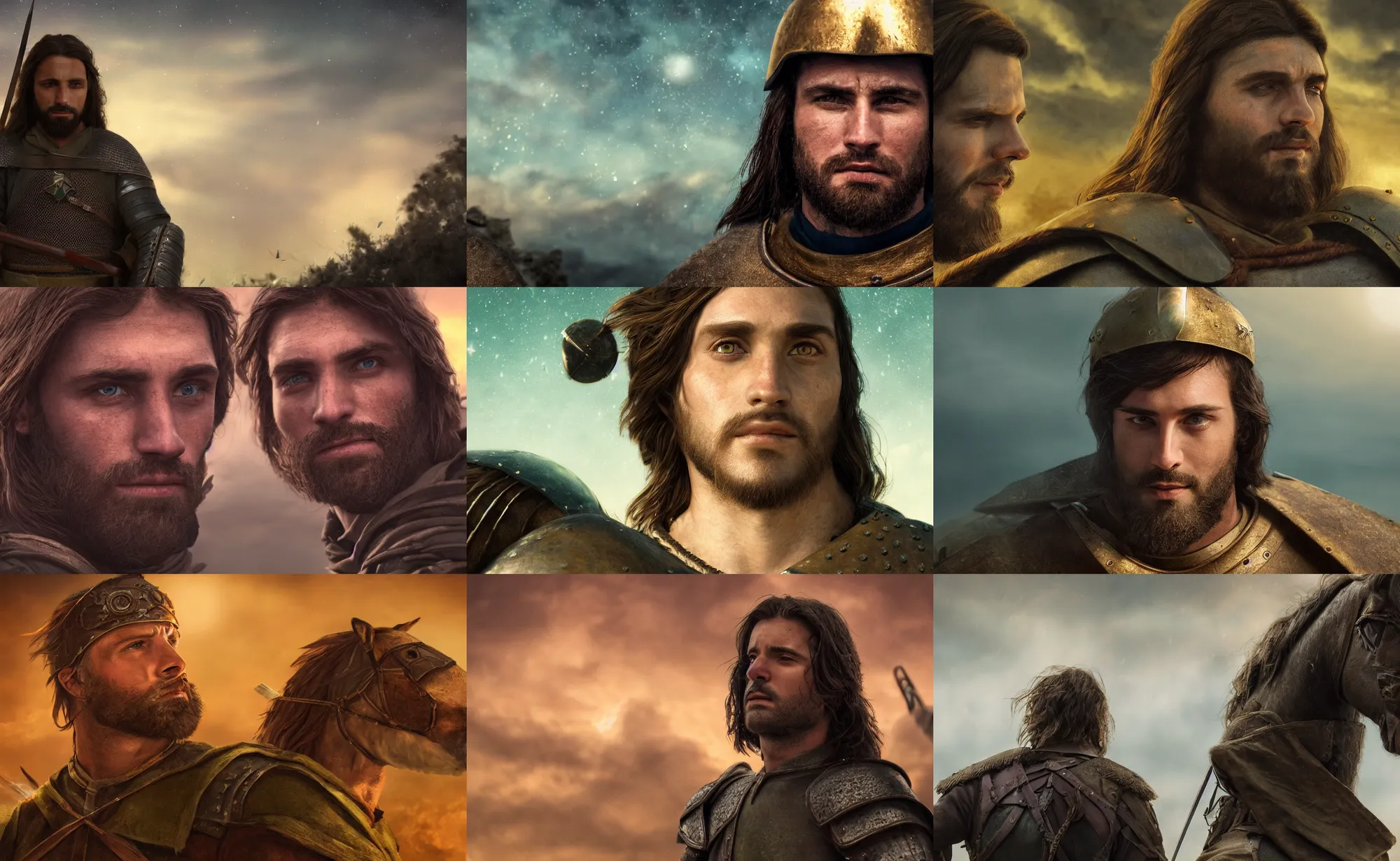 Prompt: close up cinematic artwork of medieval commander in his late twenties with medium long brown hair and green eyes, looking up at to the night sky while warriors fight near him by greg rutowski, 4 k, masterpiece