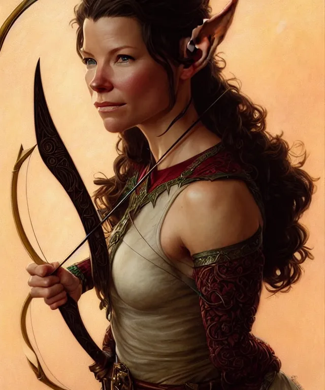 Image similar to Evangeline Lilly as a fantasy elf with a bow and arrow, portrait, fantasy, intricate, elegant, highly detailed, digital painting, artstation, concept art, smooth, sharp focus, illustration, art by artgerm and greg rutkowski and alphonse mucha