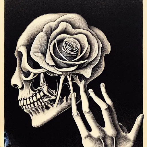 Image similar to surreal rose head anatomical atlas dissection center cut, lithography on paper conceptual figurative ( post - morden ) monumental dynamic soft shadow portrait drawn by hogarth and escher, inspired by goya, illusion surreal art, highly conceptual figurative art, intricate detailed illustration, controversial poster art, polish poster art, geometrical drawings, no blur