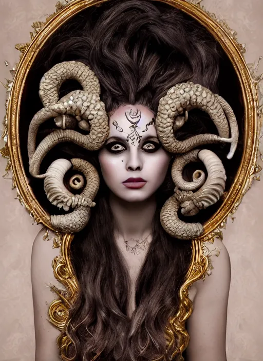 Prompt: a portrait medusa by candy makeup, photorealistic, intricate details, hyper realistic, fantasy, elegant, baroque, horn, ram skull headpiece, photorealistic, photography, symmetrical features, symmetrical pose, wide angle shot, feet on the ground, wearable art, unreal engine