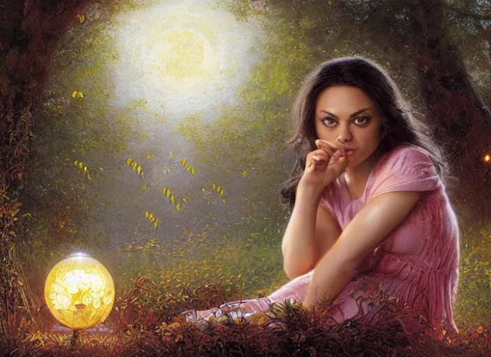 Image similar to Mila Kunis staring into the camera singing a lullaby, fireflies, full moon, Lilia Alvarado, Sophie Anderson, Mark Arian, Bob Byerley, Charlie Bowater, Mark Brooks, Steve Henderson, Justin Gerard, Arthur Hughes, Edward Robert Hughes, Mark Keathley, Victor Nizovtsev, Carlos Shwabe, Ross Tran, WLOP