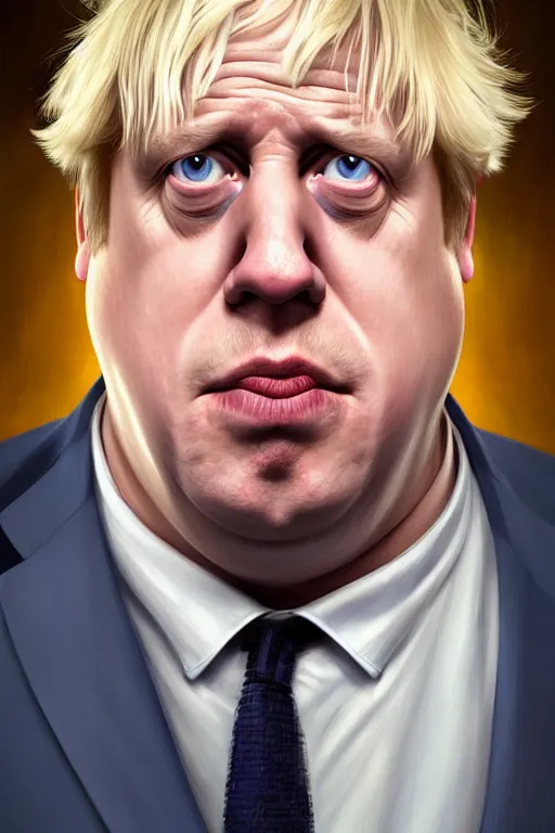 Image similar to Boris Johnson as a Family Guy character, realistic portrait, symmetrical, highly detailed, digital painting, artstation, concept art, smooth, sharp focus, illustration, cinematic lighting, art by artgerm and greg rutkowski and alphonse mucha