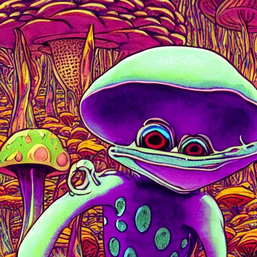 Image similar to A close up portrait of a dignified psychedelic godlike anthropomorphic frog smoking an anime blunt , magic mushroom village in background . award winning. superb resolution. in the art style of junji Ito and greg rutkowski . Detailed Mushroom city in background. Hyper realistic anime. Perfect art. Dalle2