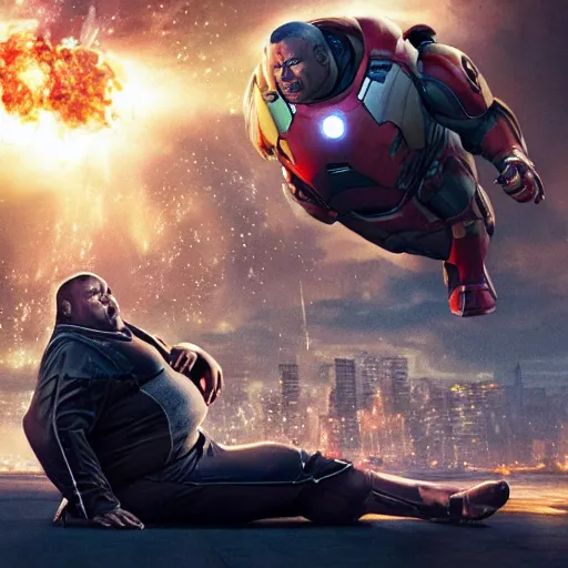 Image similar to Morbidly obese ironman sits down out of breath while new york is destroyed by aliens, movie still, Marvel studios