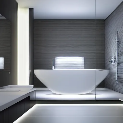 Image similar to bathroom with warm white led strip lighting, photorealistic, product render