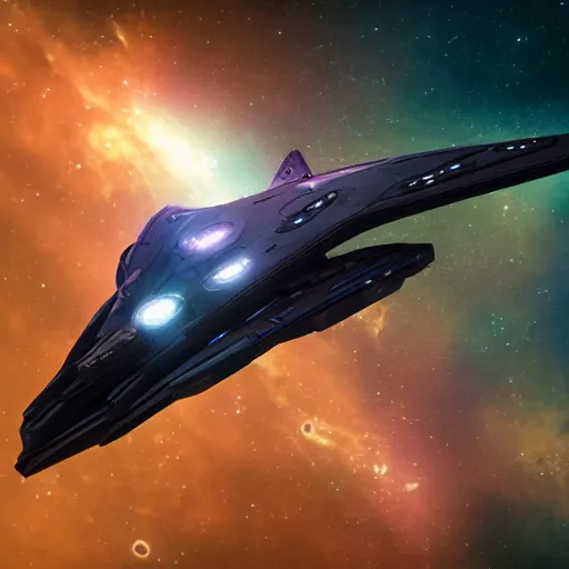 Image similar to star trek klingon bird - of - prey starship in a nebula, shallow depth of field, moody lighting, single point of light, 8 k, ultra realistic, octane render,