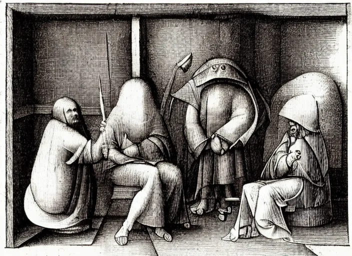 Image similar to judge wearing a bench wig is making a haircut to another judge with a bench wig, only two person in the scene, by hieronymus bosch, fractals