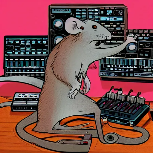 Image similar to a rat cyborg playing with a tb-303 synthesizer