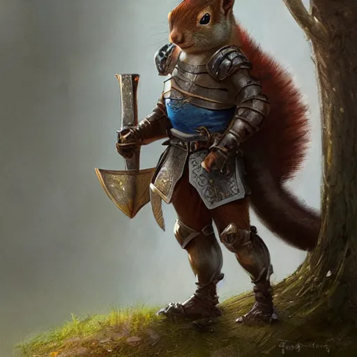 Prompt: a squirrel warrior dressed with a knight armor, Justin Gerard and Greg Rutkowski, realistic painting, Digital art, very detailed, High definition, trending on Artstation