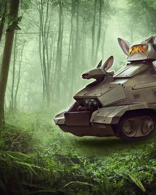 Image similar to epic chase!!!giant oversized battle rabbit robot chubby fat mech with big ears as battle mecha rabbit robot weapon fiat 126p , in jungle forest !!! , full body , Cinematic focus, Polaroid photo, vintage , neutral dull colors, foggy mist ,by oleg oprisco , by victor enrich , by gregory crewdson , by discovery channel