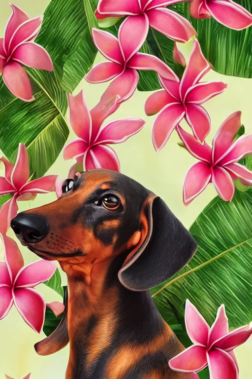 Image similar to ultra realistic illustration, portrait of a dachshund plumeria tropical bouquet background, close up shot, fantasy, intricate, elegant, highly detailed, digital painting, artstation, concept art, smooth, sharp focus, illustration, surrealism