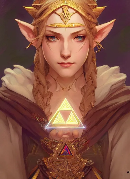Image similar to zelda with triforce, fantasy, intricate, elegant, highly detailed, digital painting, artstation, concept art, wallpaper, smooth, sharp focus, illustration, art by artgerm and greg rutkowski and alphonse mucha