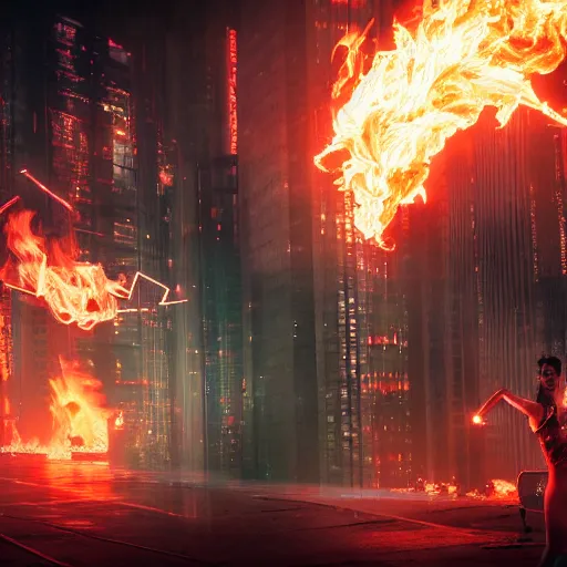 Prompt: a girl like (yoona, Elle Fanning), casting fire spell, background cyberpunk city, full shot, photo, volumetric lighting, epic composition, intricate details, dark neon punk, by KDA