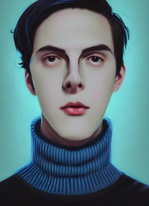 Image similar to portrait of teenage jughead jones wearing a light grey crown, crown, blue turtleneck, 1 9 5 0 s, closed eyes, photorealistic, black hair, glowing lighting, intricate, elegant, glowing lights, highly detailed, digital painting, artstation, concept art, smooth, sharp focus, illustration, art by wlop, mars ravelo and greg rutkowski