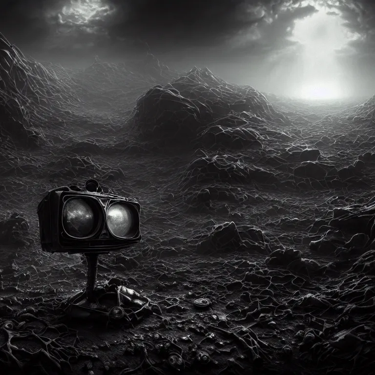 Image similar to surreal mysterious abandoned ribbed broken old crt monitor in the foreground, in wastelands on exoplanet, dark clouds, dark washed tint black, dream-like heavy atmosphere, dark baroque painting, beautiful detailed intricate insanely detailed octane render trending on Artstation, 8K artistic photography, photorealistic, dramatic volumetric cinematic perfect light, chiaroscuro, award-winning photograph, masterpiece, Raphael, Caravaggio, Beksinski, Giger