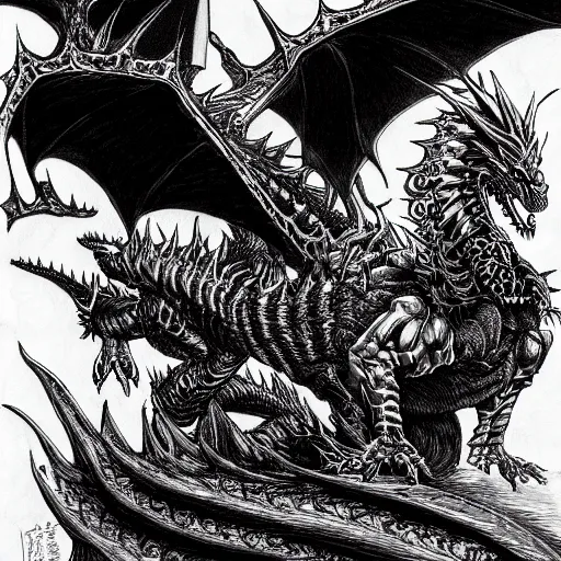 Prompt: Automaton fire dragon spirit, drawn by Kentaro Miura, ink, manga, maximalist, high detail, 8k