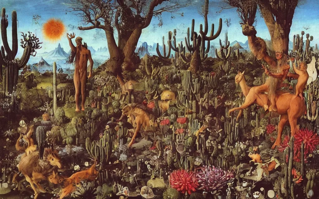 Image similar to photograph of a meditating centaur shaman and a flayed werewolf feeding animals. surrounded by bulbous flowers, animals and a few trees and cacti. river delta with cliffs under a blue sky of burning stars. painted by jan van eyck, max ernst, ernst haeckel, ernst fuchs and artgerm, trending on cgsociety