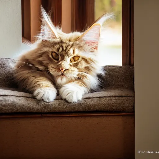 Prompt: cream colored maine coon cat curled up, bay window sofa, sumi-e, palette knife, oversaturated, bokeh, sunbeam, 8K, 4K