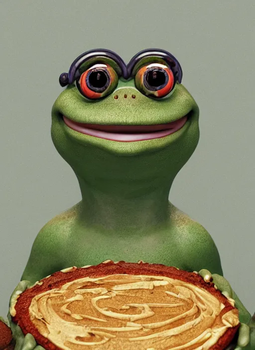 Image similar to closeup portrait of a medieval pepe the frog eating cakes in the cloisters, depth of field, zeiss lens, detailed, symmetrical, centered, fashion photoshoot, by Annie Leibovitz and Steve McCurry, David Lazar, Jimmy Nelsson, Breathtaking, 8k resolution, extremely detailed, beautiful, establishing shot, artistic, hyperrealistic, beautiful face, octane render