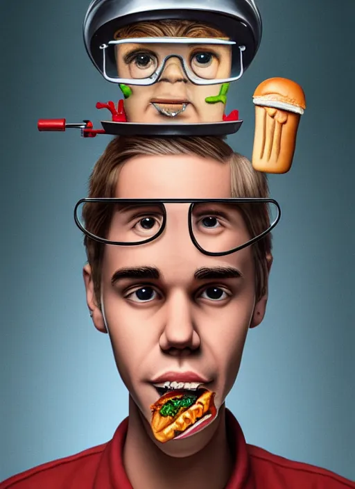 Image similar to highly detailed closeup, face profile portrait of justin bieber as a tin toy scientist wearing a tinfoil hat eating a hamburger, unreal engine, nicoletta ceccoli, mark ryden, earl norem, lostfish, global illumination, detailed and intricate environment