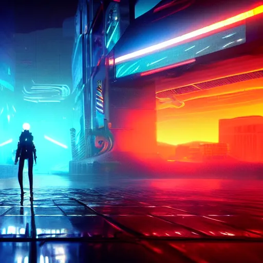 Image similar to « glowing neon lights, sunrise, cyberpunk, alita battle angel, blade runner,, cold, clouds, far view, photorealistic, unreal engine 5, sharp focus »