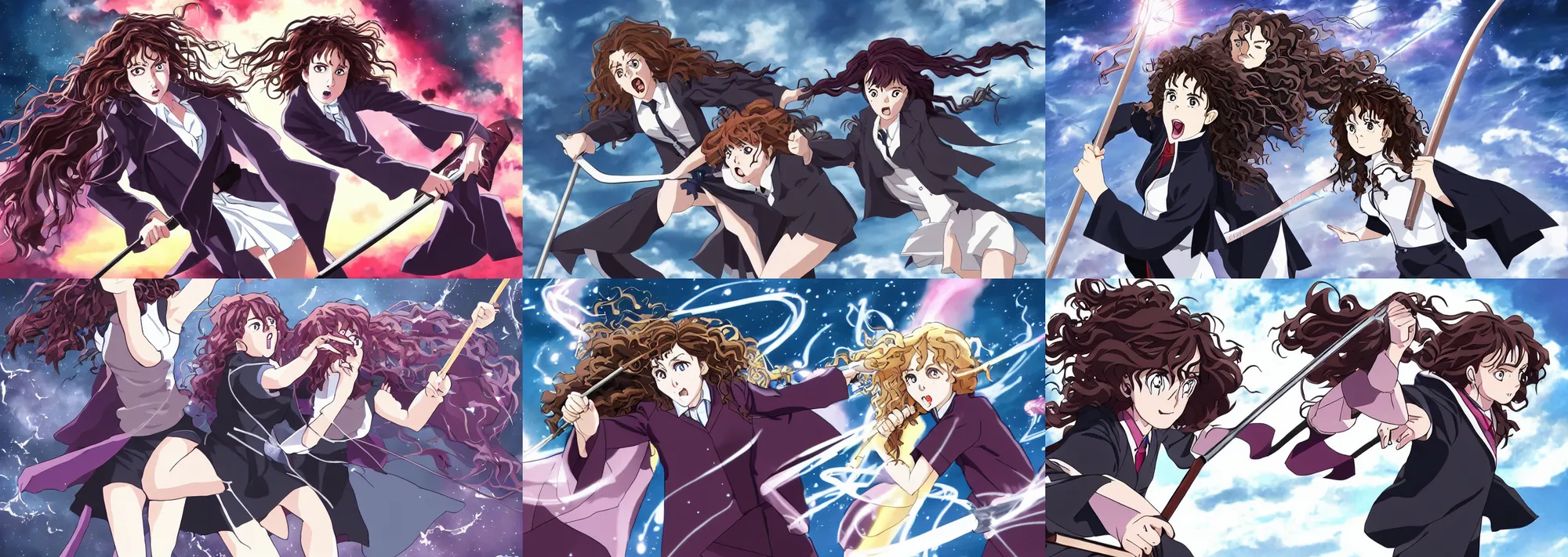 Image similar to hermione granger fighting against bellatrix lestrange, in the style of studio gainax, 2 0 1 9 harry potter anime series finale