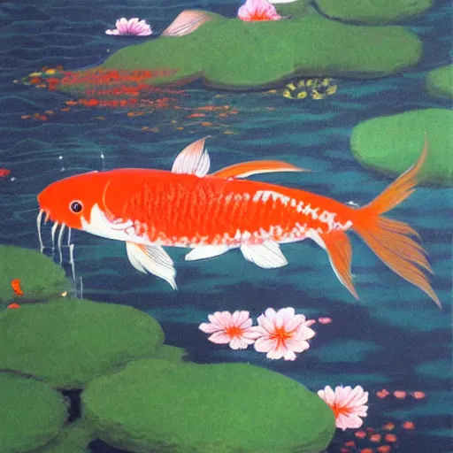 Prompt: a portrait painting of a character in a scenic environment, texture by nobuhiko obayashi, ( ( ( ( ( koi carp swimming in the background ) ) ) ) )