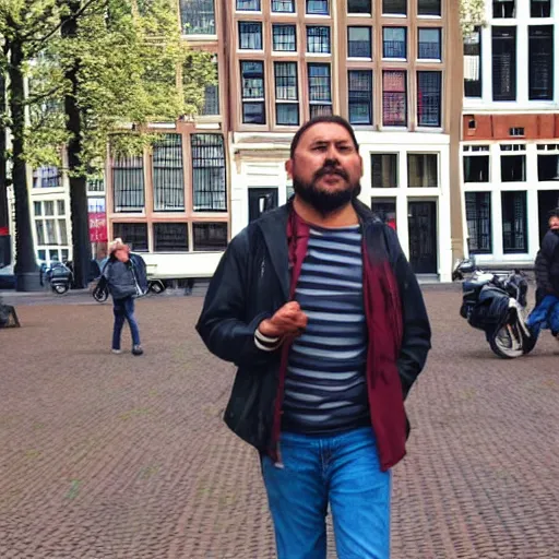 Prompt: a mexican man walking through amsterdam