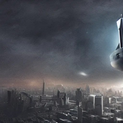 Image similar to a spaceship flying down into an alien city, dark clouds obscuring tall buildings, dark and ominous