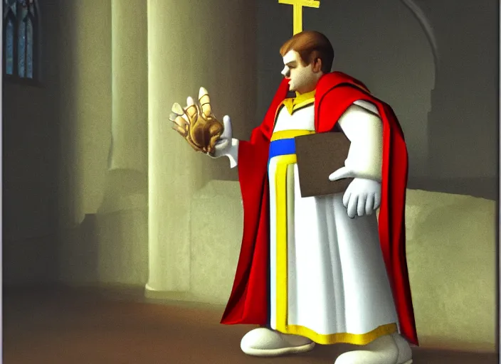Prompt: mario wearing vestments, church setting